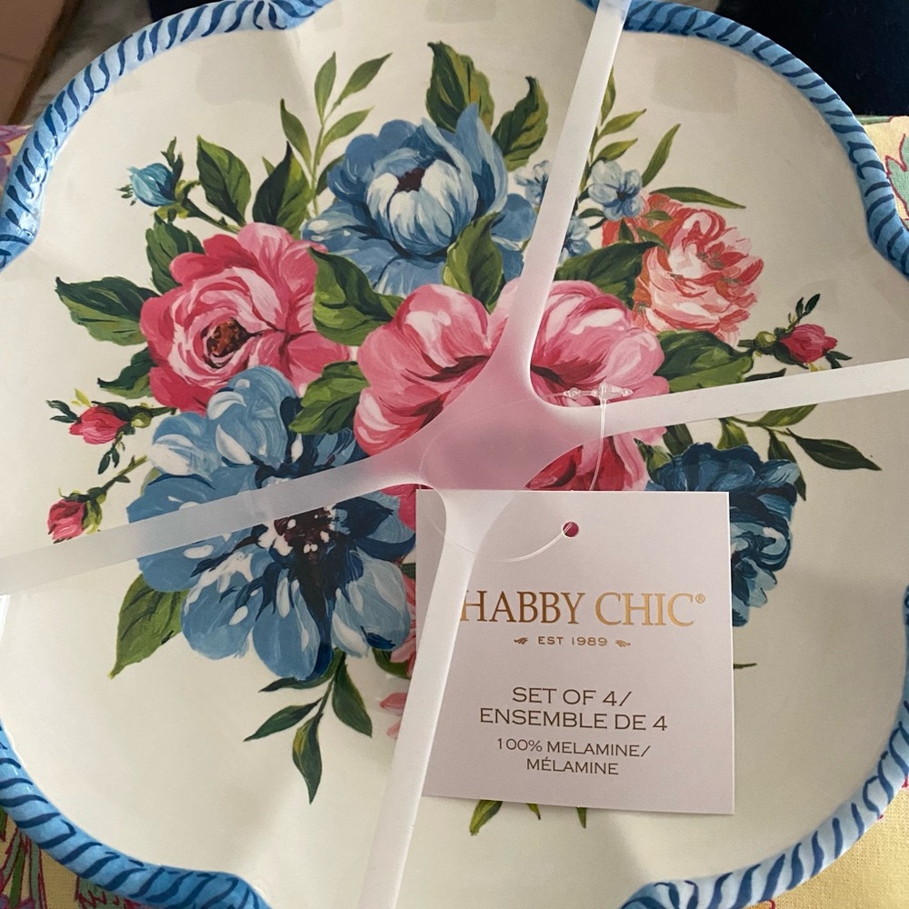 Shabby Chic Salad Dessert Plates Set 4 New Floral Scalloped Melamine Spring